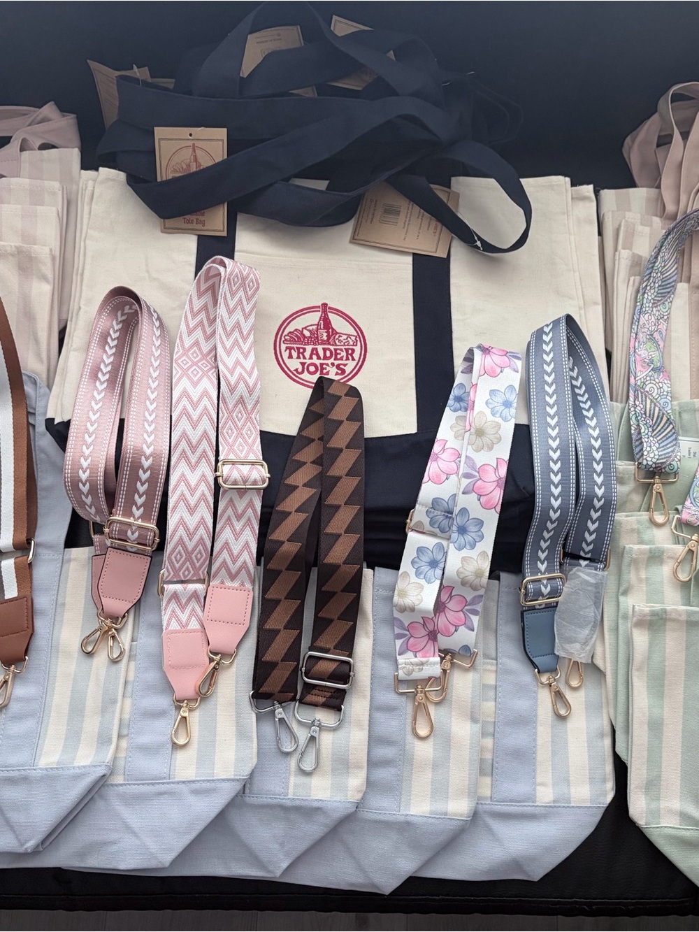 Trader Joe's Canvas Tote with cross body strap with scarf and charms